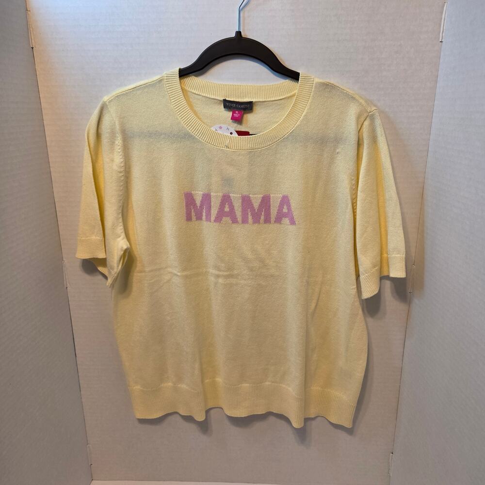 NWT Vince Camuto SS Pale Yellow Sweater with MAMA in pink on chest size L